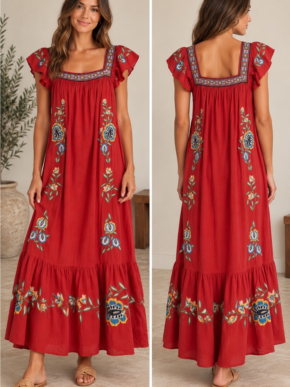 FARM Rio Red Embroidered Boho Maxi Dress